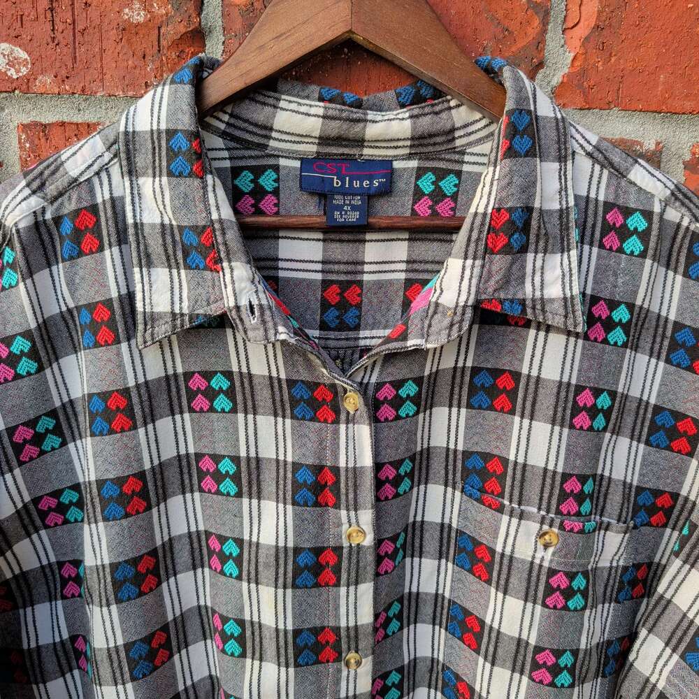 CST Blues Plaid Flannel Shirt Womens 4X Gray Heart Print Short Sleeve Cotton